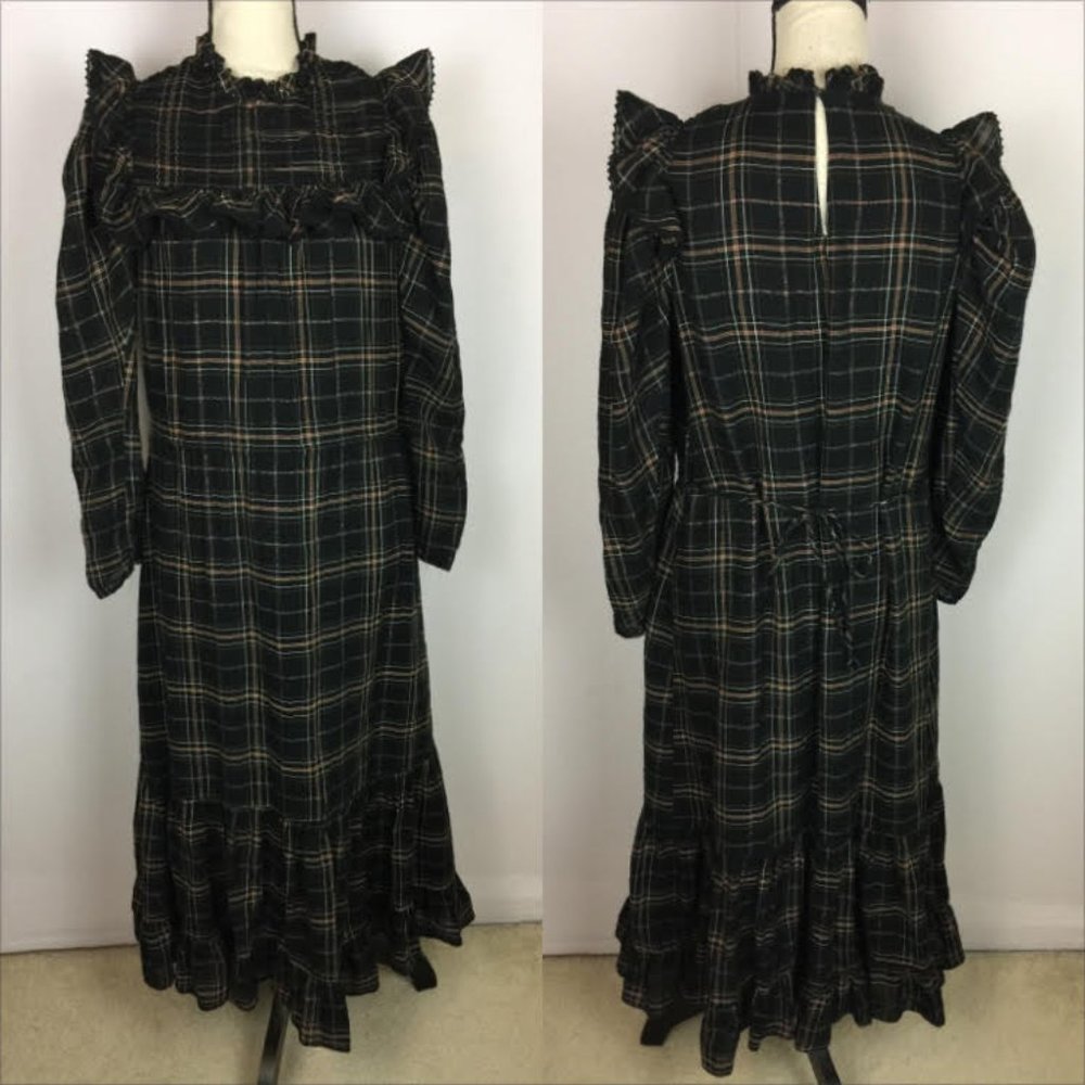 MNG Mango Midi Maxi Dress Size S/M Womans Black Plaid Ruffle Drawstring Waist